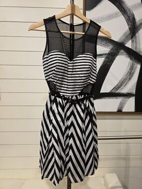 Jodi Kristopher Black & White Striped Mesh Bodice Mini Dress